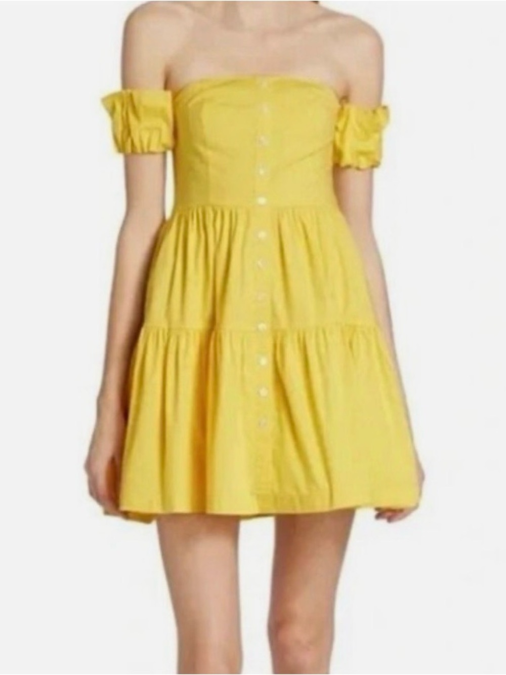 STAUD Yellow Off-Shoulder Button Tiered Mini Dress